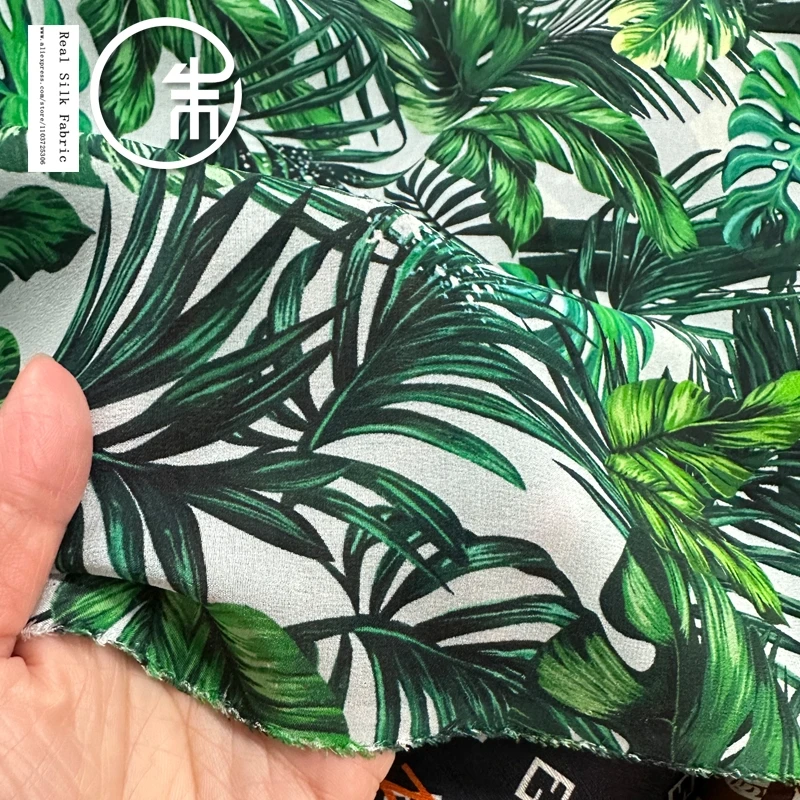 Vysoko kvalitné zelené tropické listy Plant Plant Plant Silk Skutočný hodvábny dizajnér Crepe de Chine Tkanina 16momme tenká látka košeľa sukňa