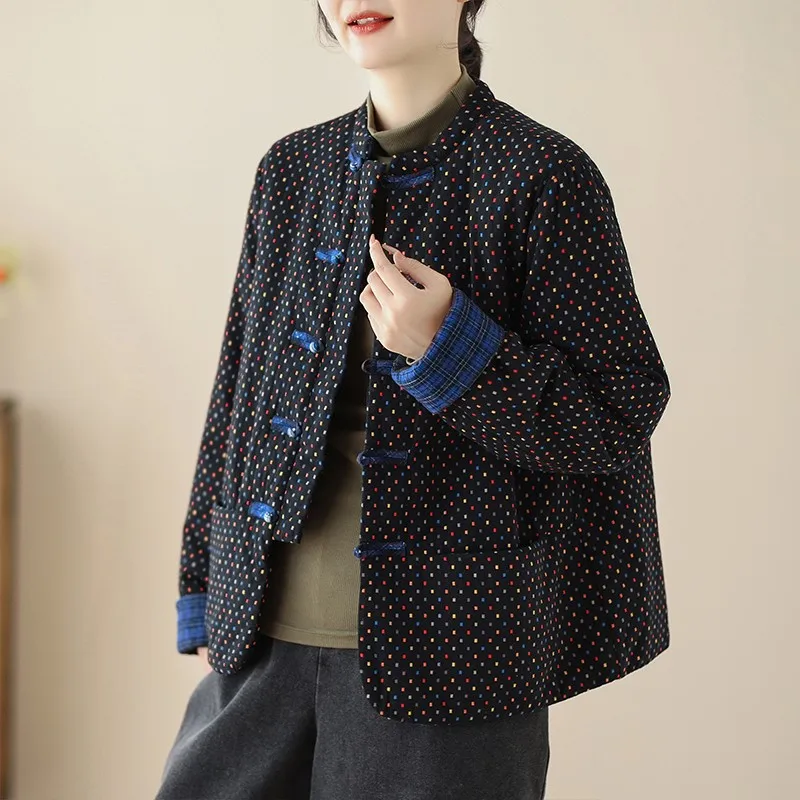 Vysoko kvalitné čalúnené bundy Ženy Nový príchod 2024 Jeseň Zimná zimná vintage štýl Polka Dot Female Wimate Casual Cast Coats B2031