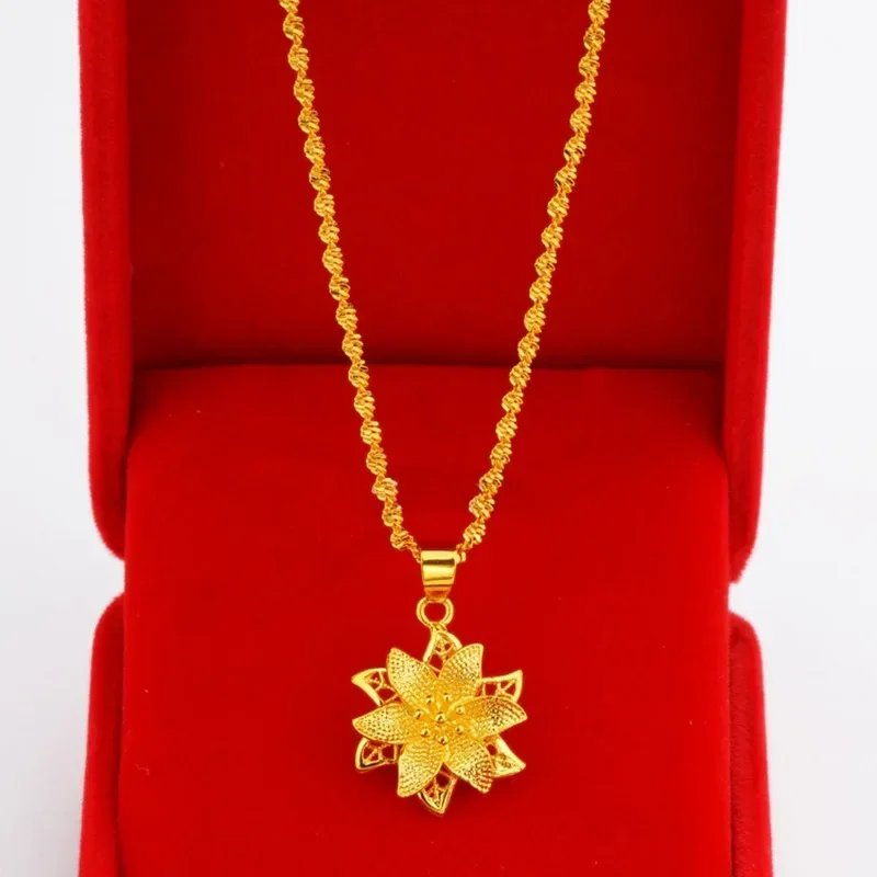 Vysoko kvalitné šperky zlatého krku Au999 Real Gold 24k Gold Lily Náhrdelník prívesok kvetina kvetina Pure Gold Womens