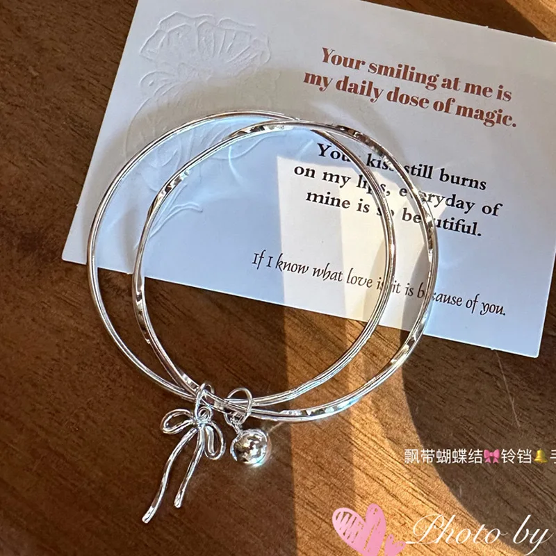 Vysoko kvalitný 999 Sterling Silver Fashion Double Ring Bow Bell Dámsky zatvorený náramok Valentína Darček k narodeninám