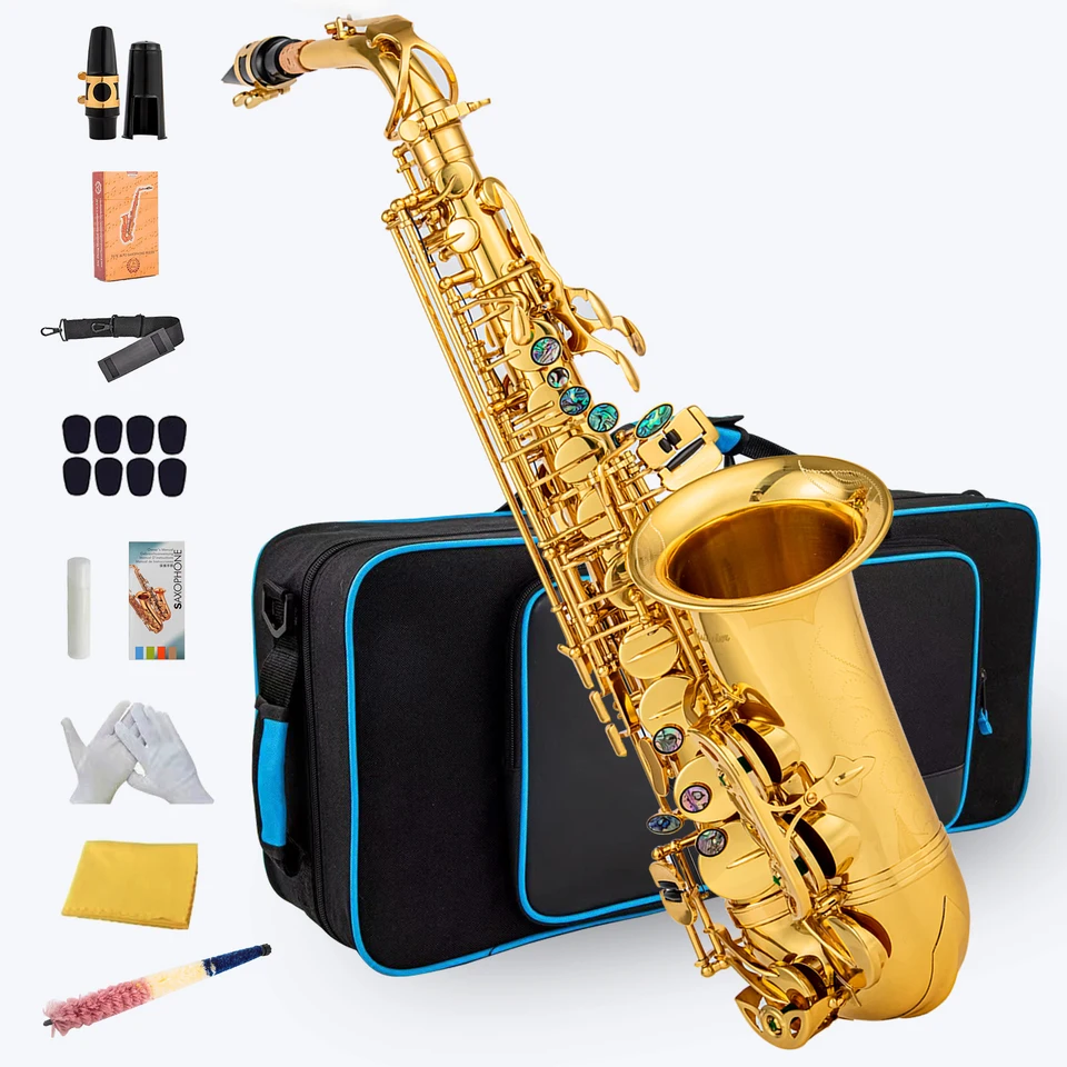 Vysoko kvalitný EB alto saxofón mosadz lakovaný zlatý e plochý Sax Musical Woodwind Instrument s príslušenstvom náustkov