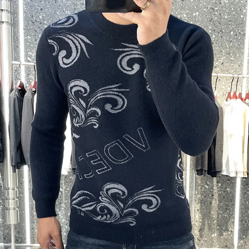 Vysoko kvalitný luxusný list Jacquard Pánsky sveter Kórejské muži módne spoločenský klub Sweár Blusa Masculina
