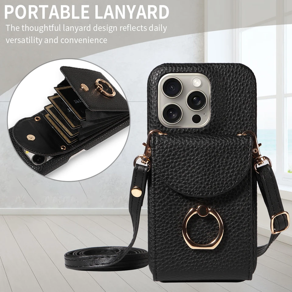 Vysoko kvalitný prsteňový stojan Lychee Panefle Telefón pre iPhone16 15 14 13 s Crossbody Lanyard Faux Leather 、 Anti-Fall