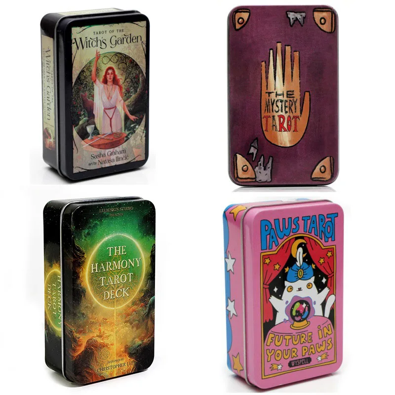 Vysoko kvalitný tarot čarodejníckeho záhradného tarotu v cínovom kovovom skrinke Zlatená hrana Tarotových kariet pre veštenie stolových hier