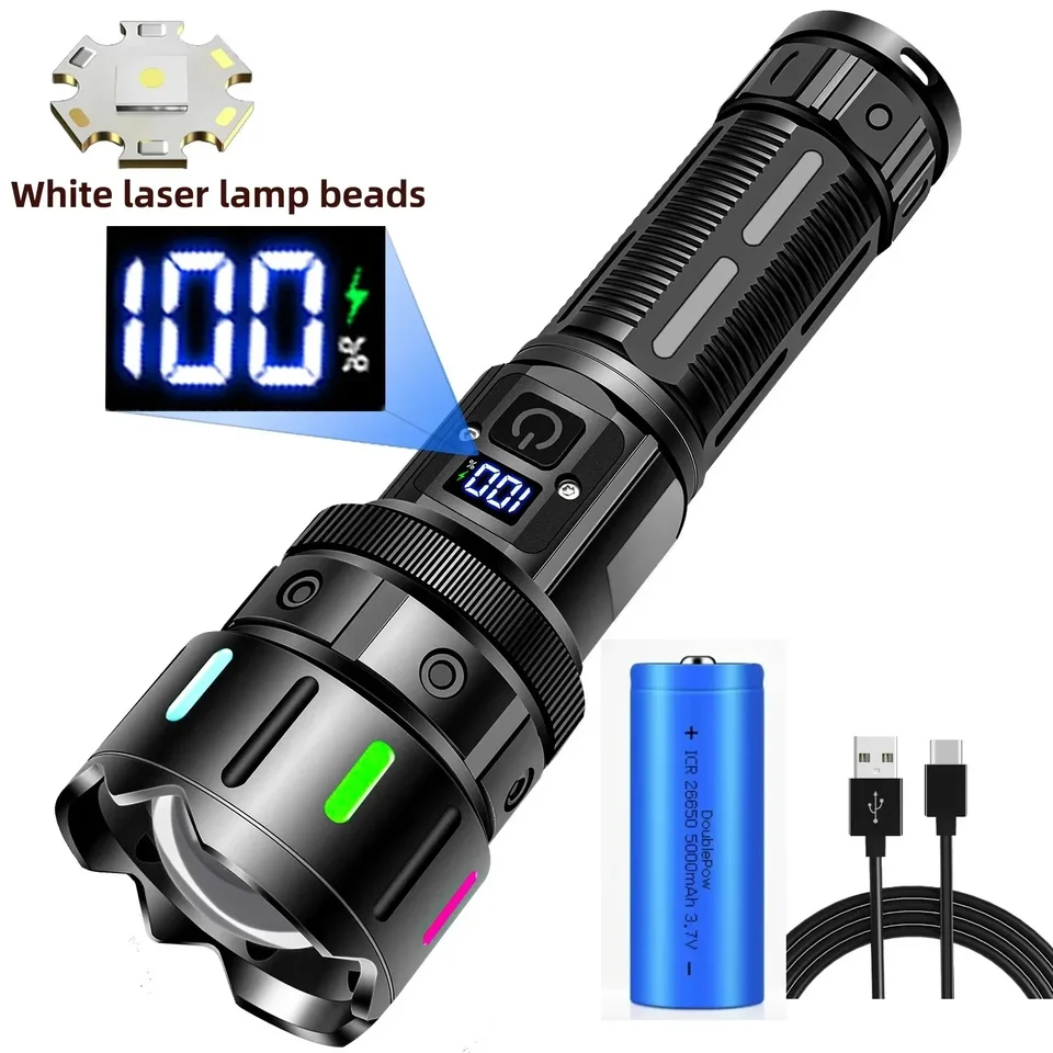 Vysoko výkonná baterka 10000 Ultra výkonná pochodeň USB Nabíjateľná LED žiarovka Fluorescenčná armáda Tactické kempingové kempingy