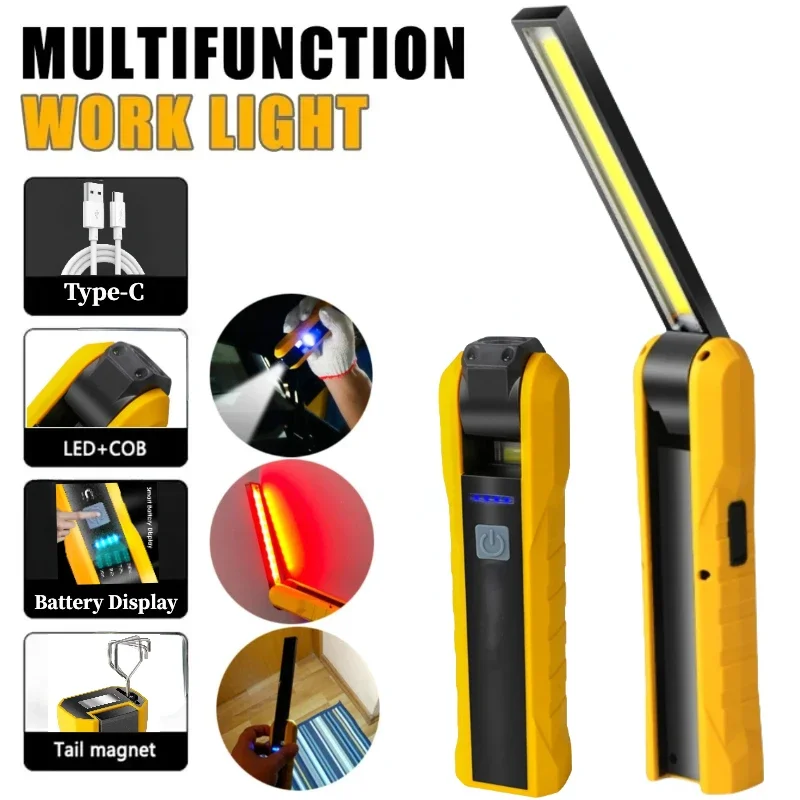 Vysoko výkonná baterka s opravou magnetu LED pracovné svetlo Svetlo USB Nabíjateľná viacúčelová funkcia Rotatovateľná pracovná žiarovka