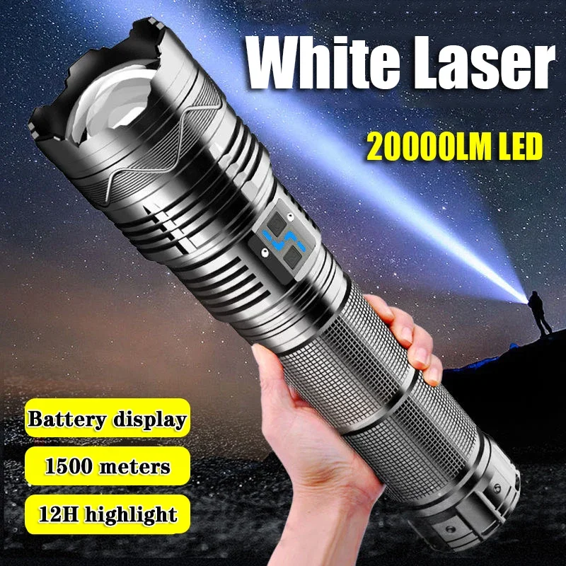 Vysoko výkonný biely laserový baterka Super jasná LED reflektor LED Doplnko s dlhým dosahom Tornder Zoom Núdzové vonkajšie vonkajšie storočie s indikátorom batérie