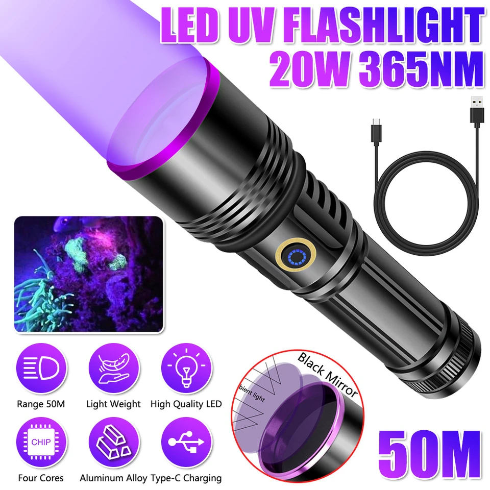 Vysoko výkonný UV čierny zrkadlo 365nm baterka 20W Fluorescenčná detekcia anti-CO Unterfeiting Detection pre detekciu jantáru moču pre domáce zvieratá