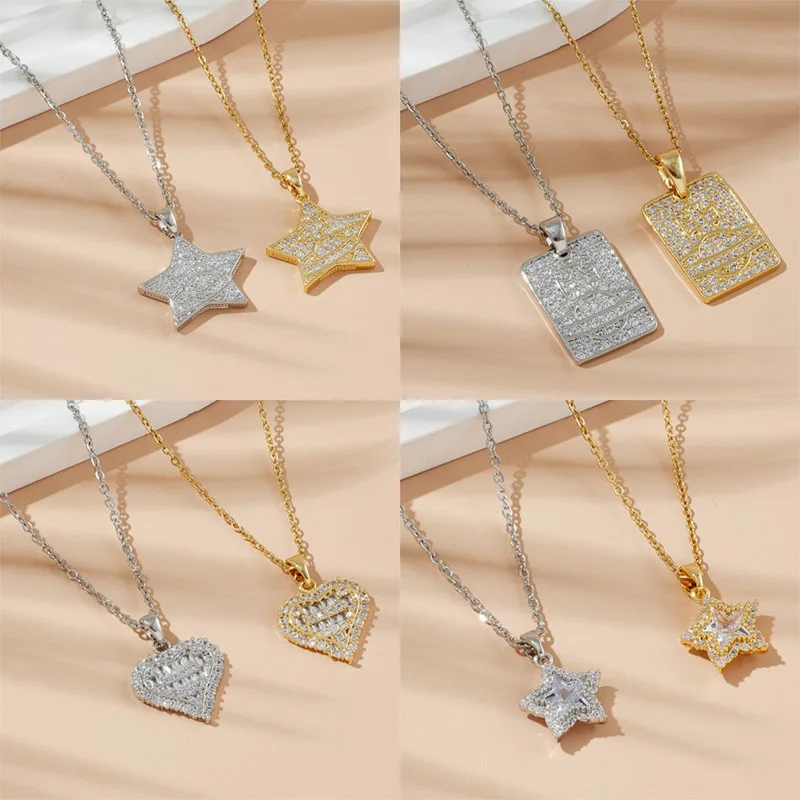 Vysokorýchlostné zirkonové hviezda Srdce prívesok Náhrdelník z nehrdzavejúcej ocele Trendy geometrické šperky Darčeky pre ženy pre ženy