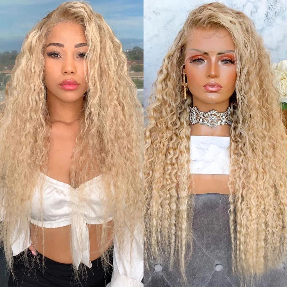 Vysoká hustota 200% Blonde kučeravé ľudské vlasy parochňa vopred vytrhnutá bočná časť s detskými vlasmi 13x4 čipkovaná predná parochňa 28 