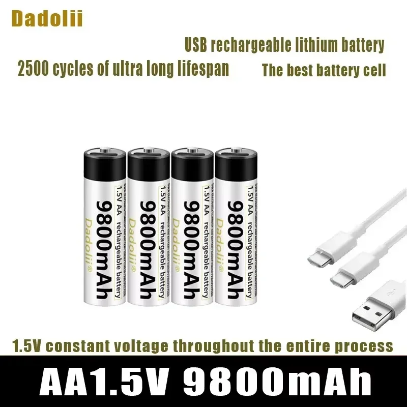 Vysoká kapacita 1,5 V AA 9800 MWH USB Nabíjateľná li-iónová batéria pre diaľkové ovládanie myši Malé ventilátor Elektrickej hračky + kábel
