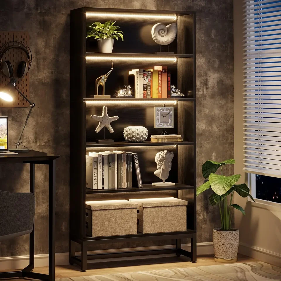 Vysoká knižnica Black Bookshelf, 70,8 ”organizátor veľkých knižníc s LED svetlami, ťažká knižnica knižnice bezplatná