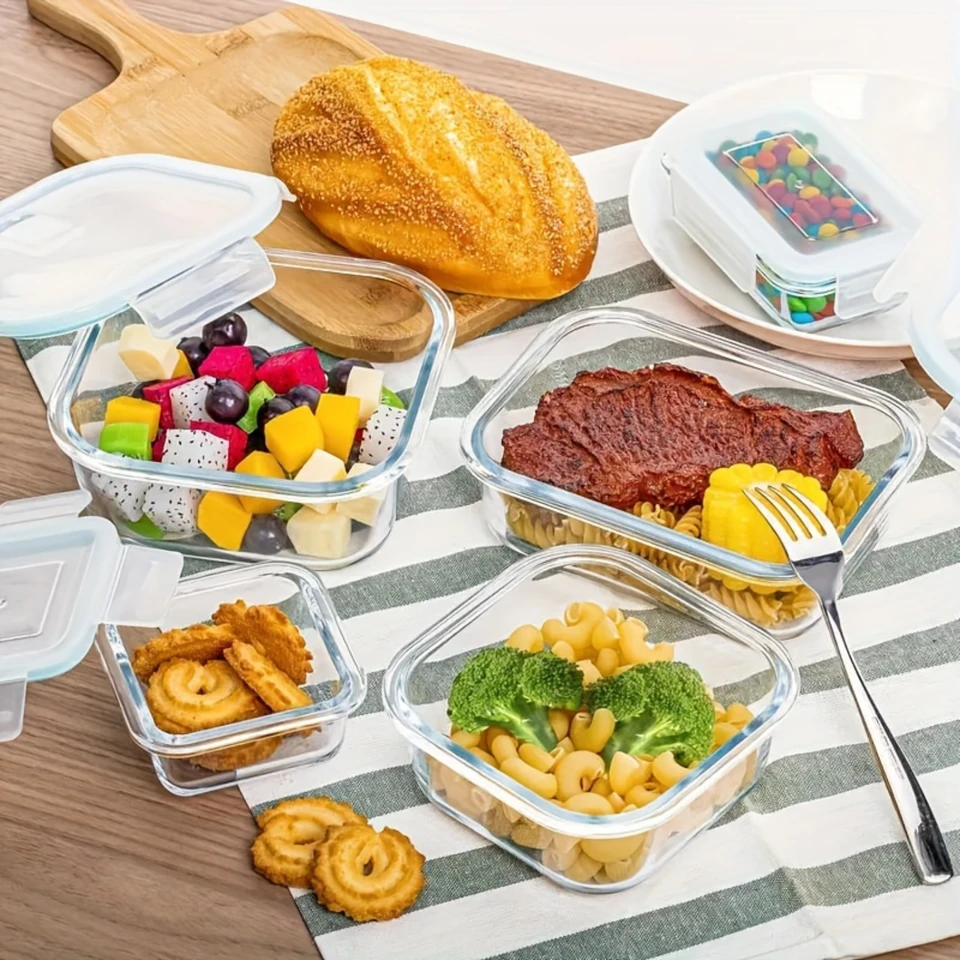 Vysoké borosilikátové sklo sklo Bento - mikrovlnná bezpečná, zapečatená izolácia pre občerstvenie a ovocie, štvorcový piknikový obedový nádoba
