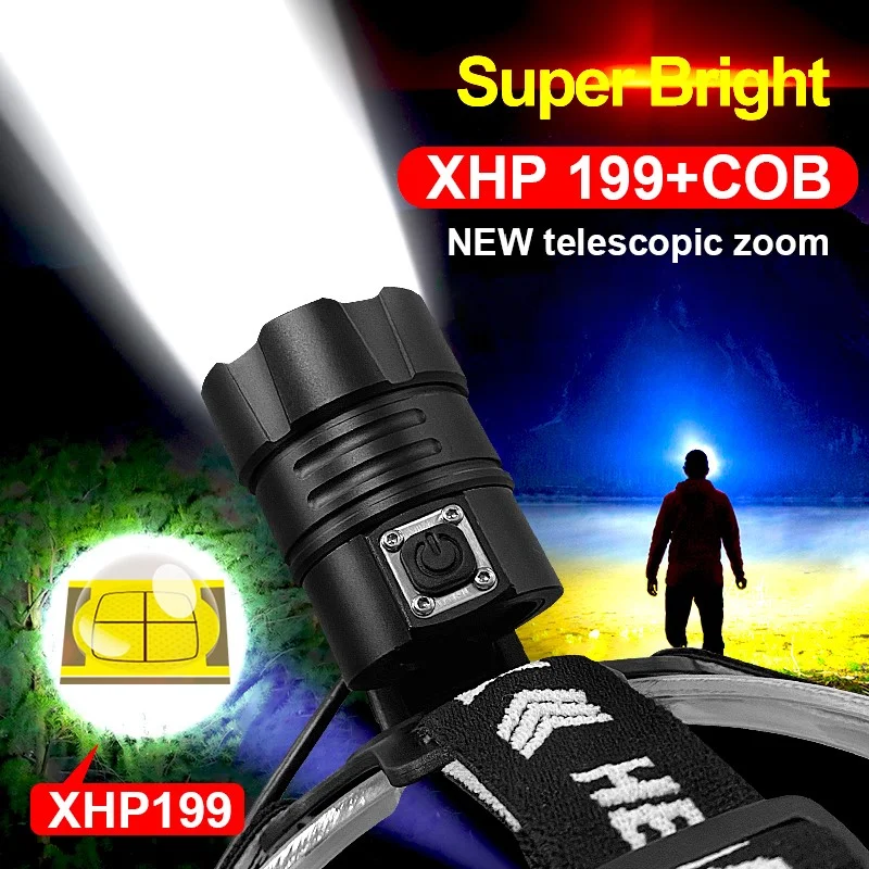 Vysoké lúmeny XHP199 Výkonný LED svetlomet XHP160 USB Nabíjateľný svetlomet 18650 hlava baterka Rybárska kempingová žiarovka