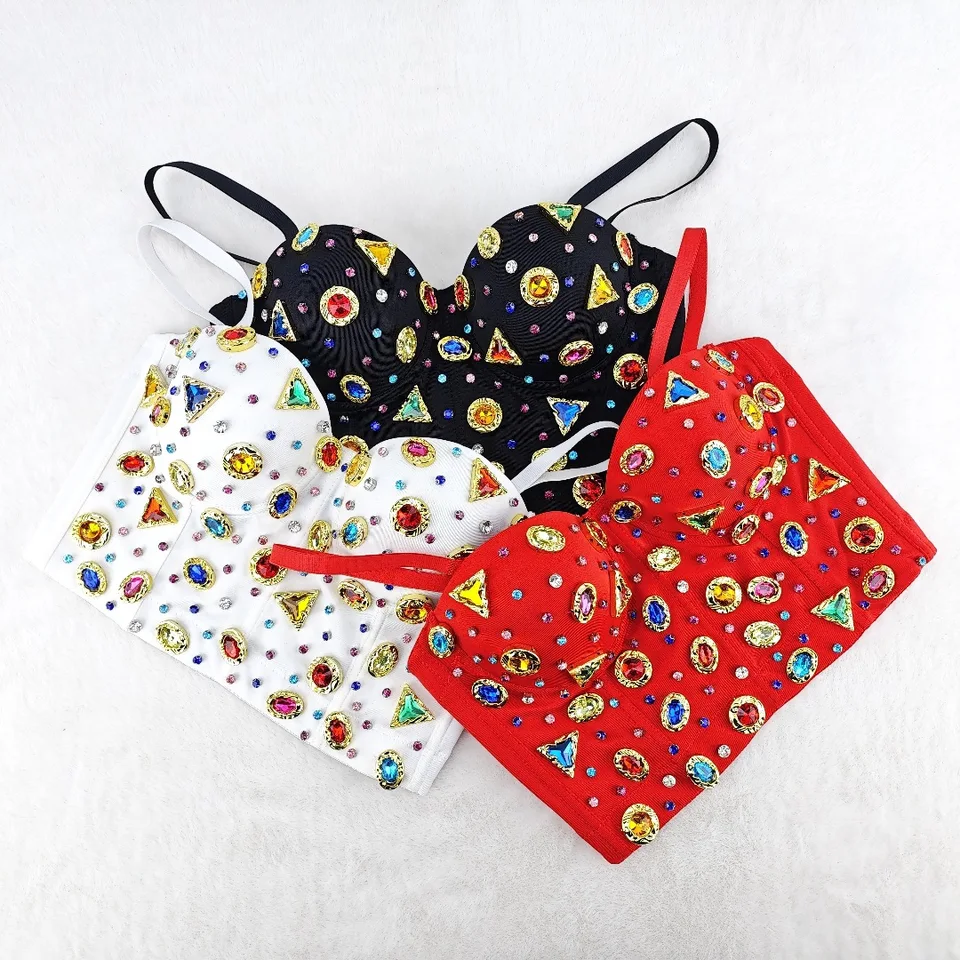 Vysoké módne ženy farebné kamienky bustier korzet tops nočné klub Party Camisole Top tanečnica javiskové kostýmy Výkon