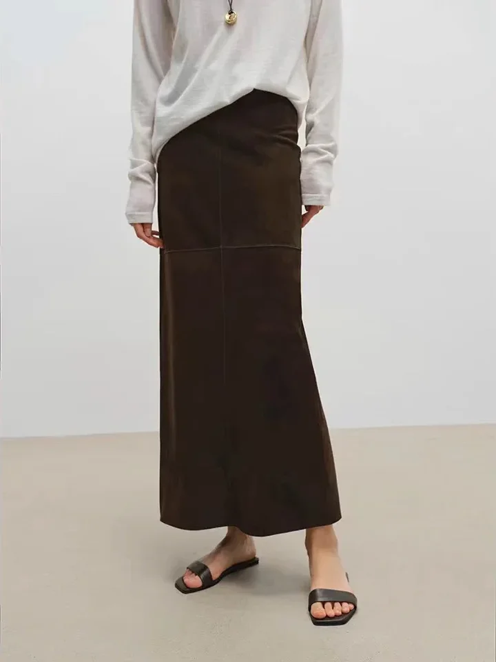 Vysokú kvalitu ovčej kože semišová koža dlhá sukňa 80 cm pre ženy Nový dovezený semiš Jupe Back Split Pase Loop Faldas členok
