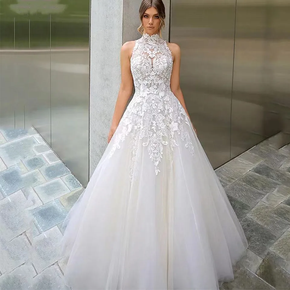 Vysoký krk Vestidos de Novia Appliques Vestido de Noiva Svadobné šaty bez rukáv