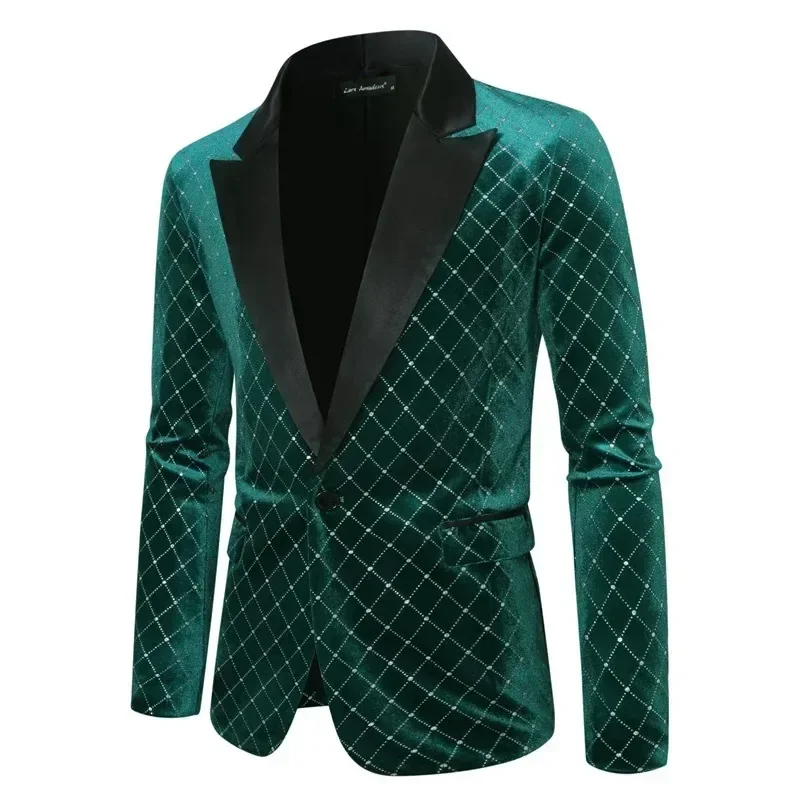 Vysoký muž luxusný zlatý zamatový oblek s jednou tlačidlámi voľná bunda čierna zelená burgundská svadobná strana šaty Plaid Blazers
