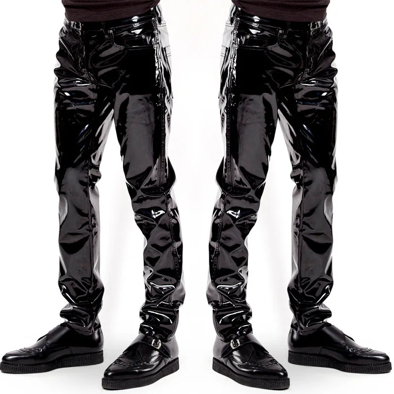Vysoký pás faux koža vinyl lesklý zips otvorené kožené dlhé nohavice pre mužov