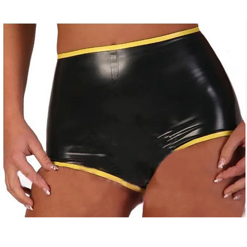 Vysoký pás latex tesných šortiek boxer gumová spodná bielizeň čierna so žltou veľkosťou xxs-xxl