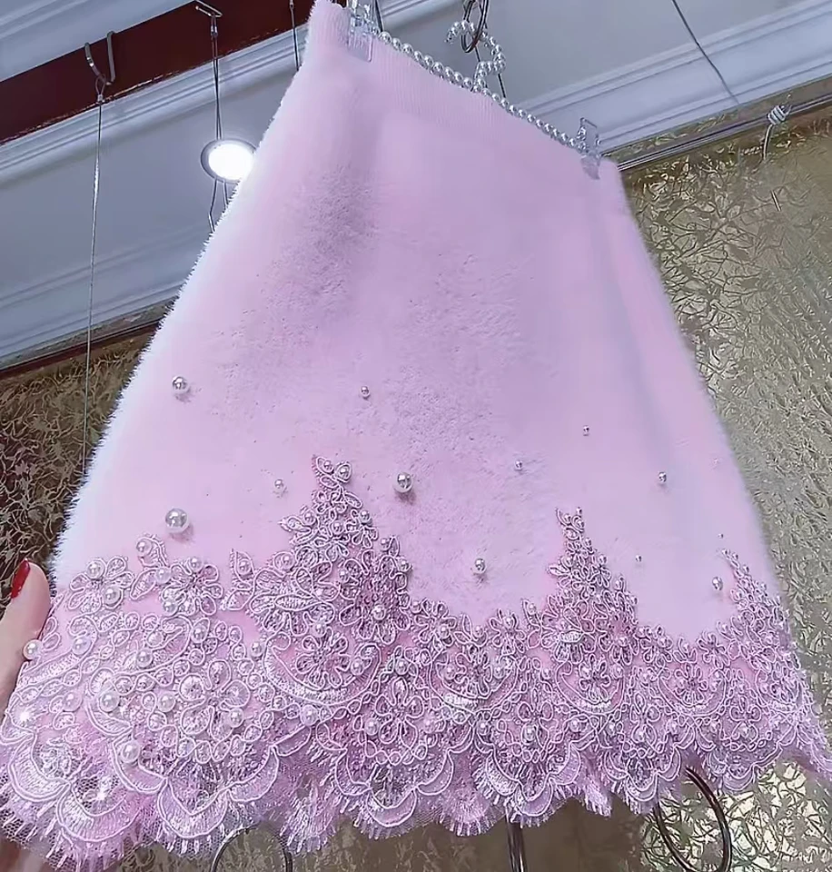 Vysoký ťažký priemysel ružový háčik kvetinové čipky zostrihanie zlata Mink kožušina Zhruba sukňa dámska elegantná sladká jesenná zimná polovica sukne