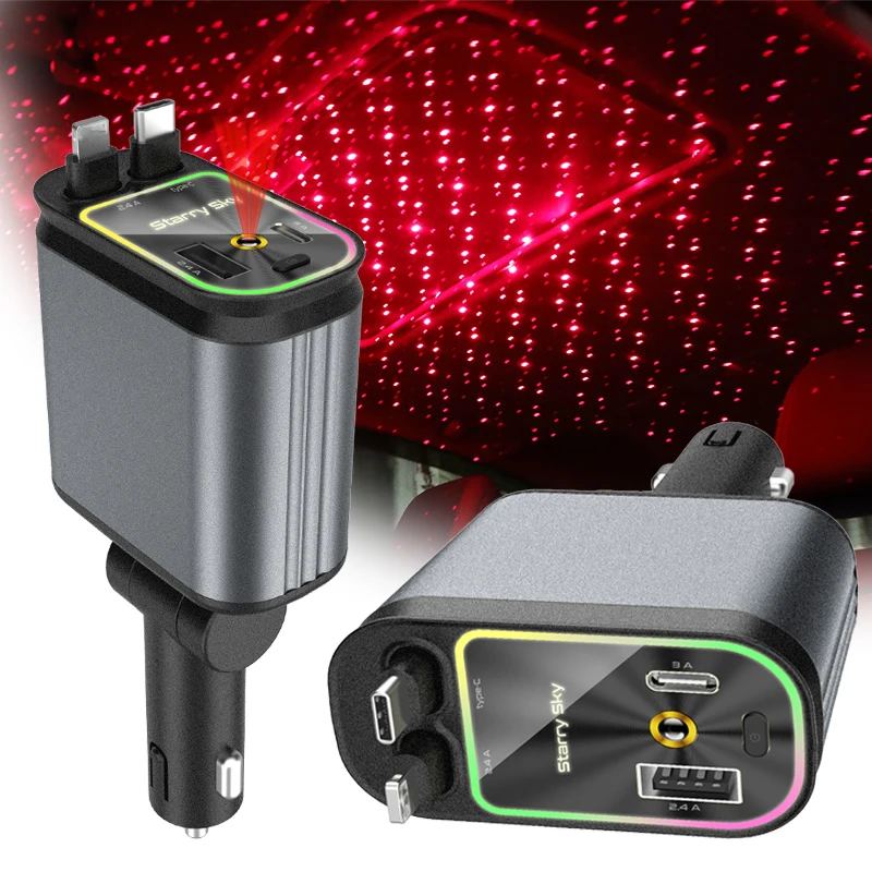 Vytiahnuteľná nabíjačka automobilu Rýchla nabíjačka USB+PD30W Power Adapter 4-v-1 nabíjačka s strechom Starlight pre telefóny iOS Android