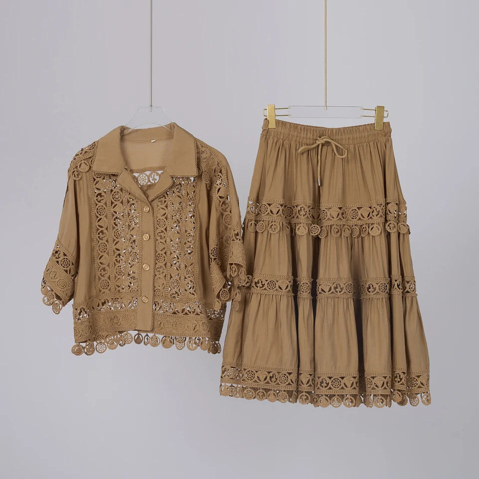 Vyšívacie 2 kusy Sada Dámske dutiny vonkajšie vrcholy košele + elastický pás midi sukne obleky letná dovolenka Lace Ladies Outfit