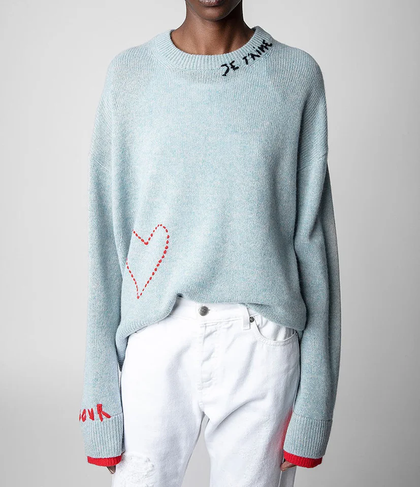 Vyšívací sveter srdca pre ženy okrúhly krk s dlhým rukávom Ručne vyrábaný háčkovaný pullover top luxusný cast cast y2k pletený sveter