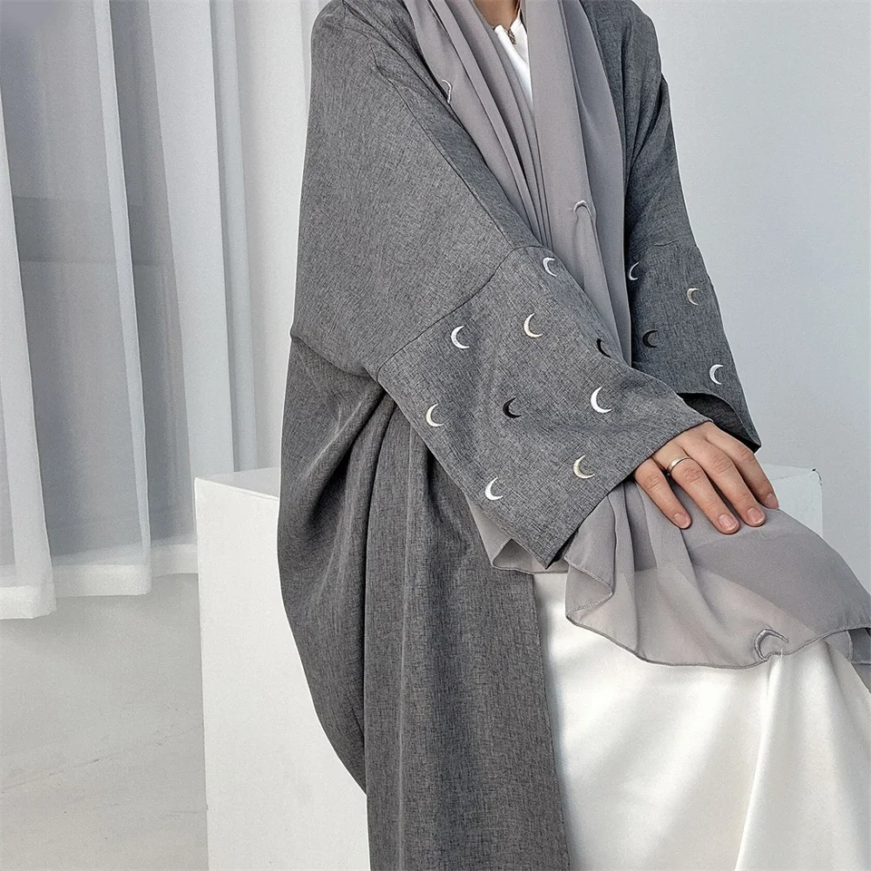 Vyšívanie mesiacov abaya moslimské ženy otvorené kardigan maxi šaty Turecko kimono islamský dubaj arabský rúž Eid ramadan caftan jalabiya
