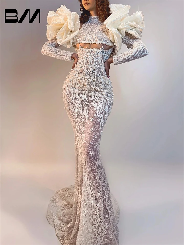 Vyšívaná sexy ilúzia Ženy Mermaid Svadobné šaty s dizajnérskym dizajnérskym šaty Luxusná nevesta Svadobná strana šaty