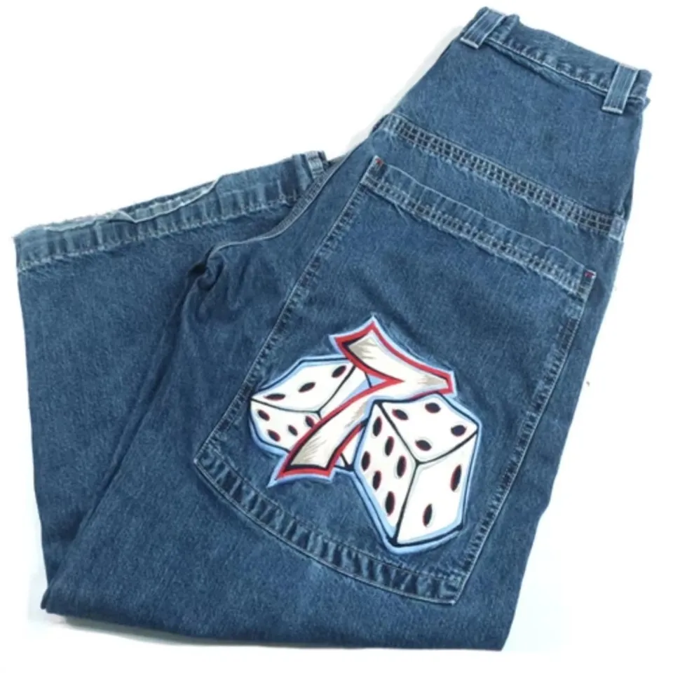 Vyšívané džínsy na streetwear kocky vyšívané džínsy Y2K Mens Mens hipjuku hip hop retro vyšívané vreckové modré džínsy s nízkym vzostupom široké nohavice na nohách