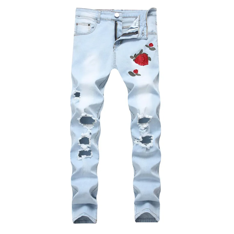 Vyšívané ružové džínsové ružové džínsoviny Ripped Slim Fit Stretch nohavice 501 mužov natiahnite