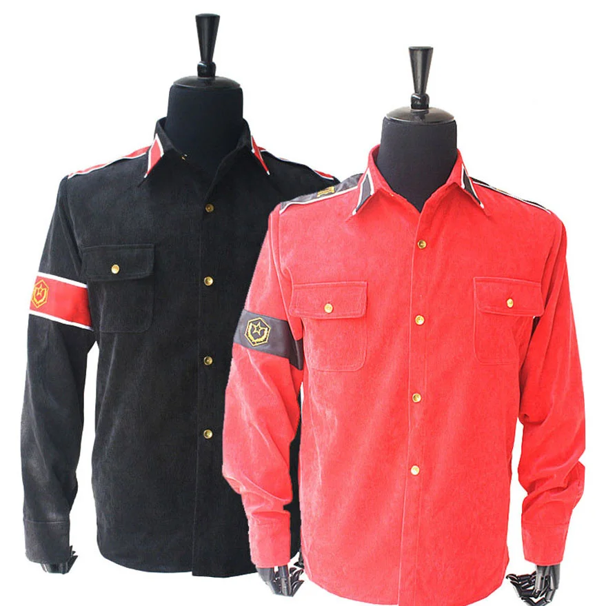 Vzácny MJ Michael Jackson Red & Black Cte Corduroy Outwear Classic England Retro Antiwar Shirtko s bundou s pásmami vo všetkých veľkostiach