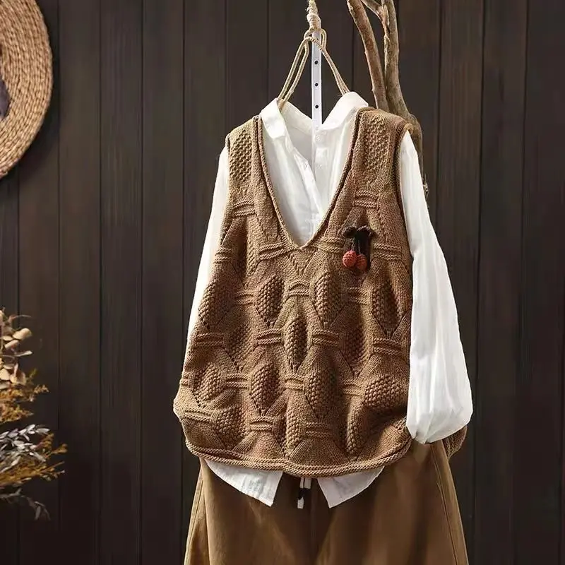 Váka uvoľnená pevná dámska pletená vesta kvety V-krk ženský sveter pullover mladistvé oblečenie na ponúkanie predaja teplých teplých