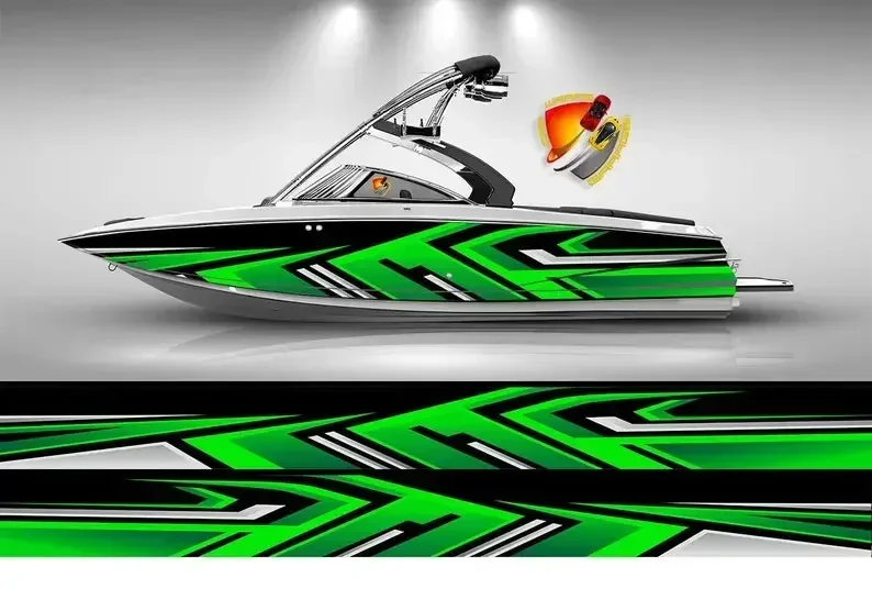 Vápno zelená a čierna línia Moderná grafická vinylová čln Ryby rybársky bas Ponton Decal Sportsman Console Bowriders Deck Ship Water