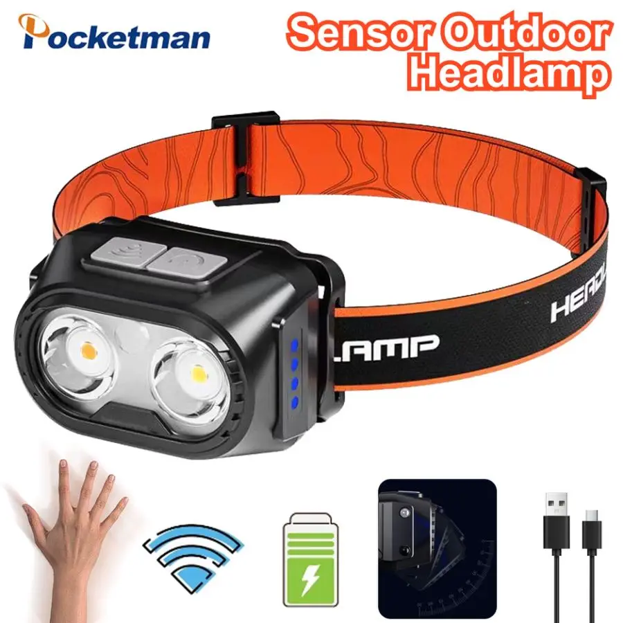 Výkonná biela žltá červená tri svetlo zdroja LED svetlomet Smart Motion Senzor Senzor Senzor typu C USB Nabíjateľná hlava