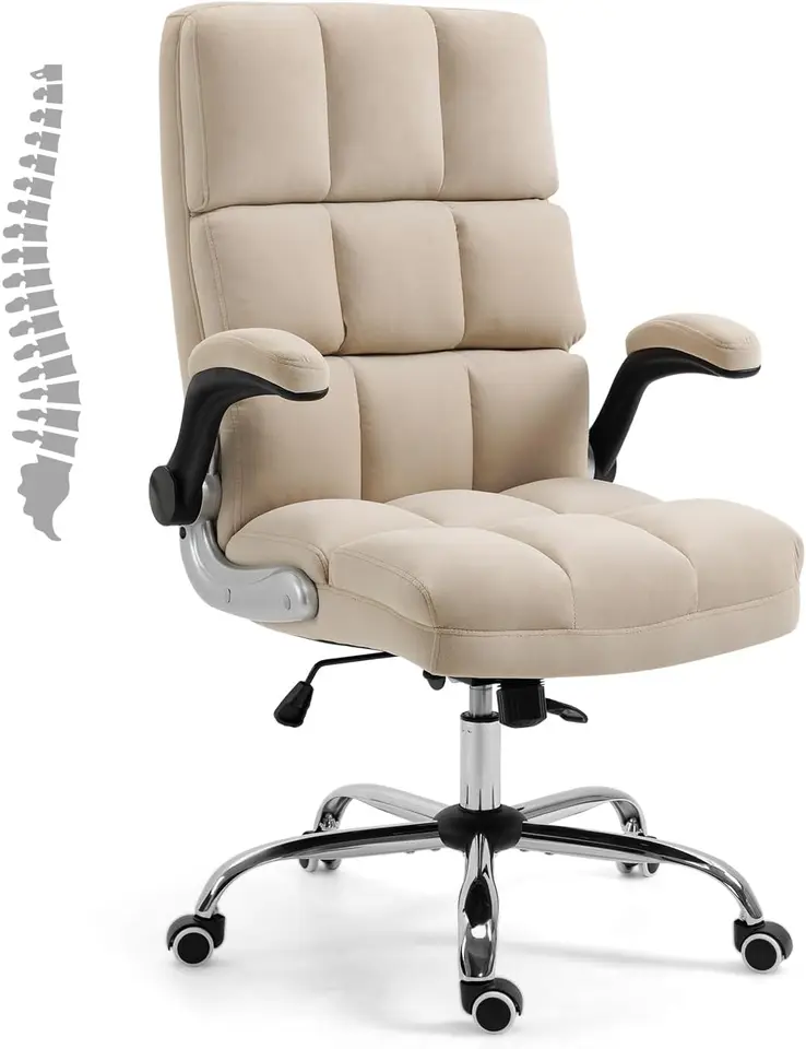 Výkonná kancelárska stolička, Velvet Ergonomic Comfy Deskova stolička, stolička s vysokým zadným počítačom s nastaviteľným uhlom sklonu a preklopnými ramenami,