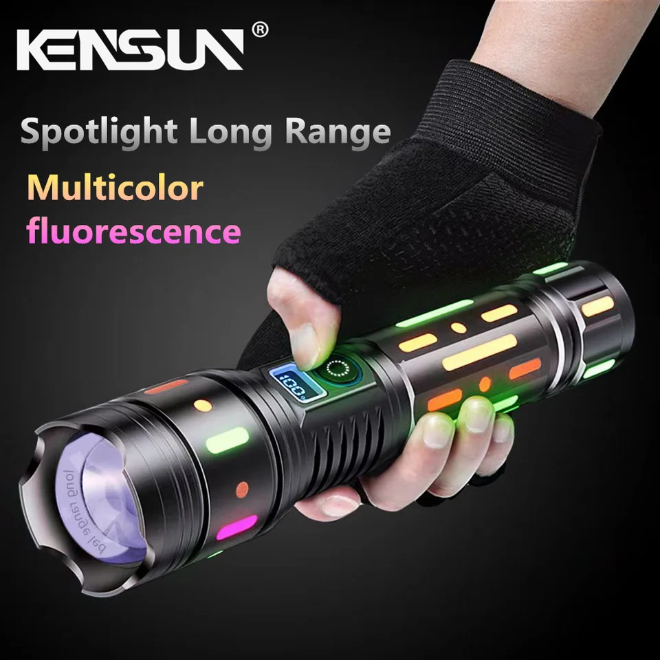 Výkonná svetlá Spotlight LED baterka s fluorescenčným absorbujúcim filmom žiarivou farebnou taktickou pochodňou s výkonovým displejom