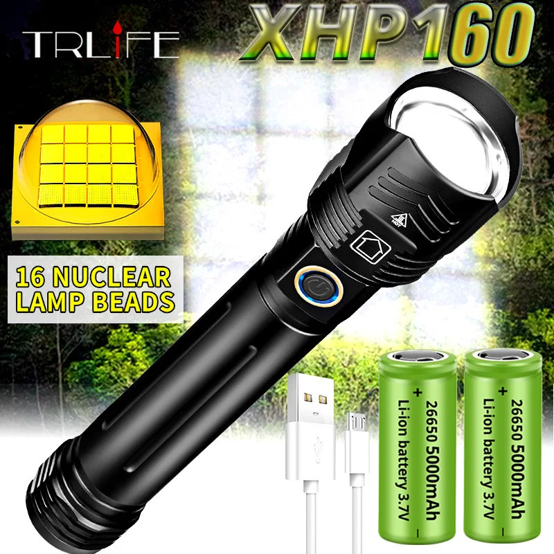 Výkonné baterky XHP160 16-jadrové LED baterky 10000 mAh XHP110 USB Nabíjateľné taktické baterky Zoom Torch Použite 26650/18650 batériu