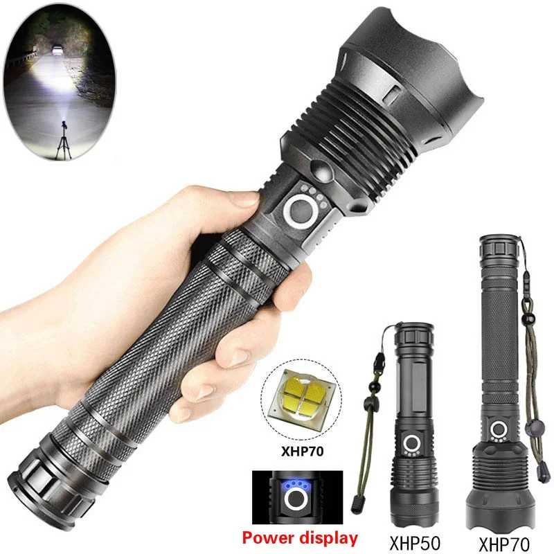 Výkonné nabíjateľné LED baterka USB, lampa priblíženia, vodotesné taktické svetlo, vysoký výkon, XHP70, XHP50, 18650 alebo 26650