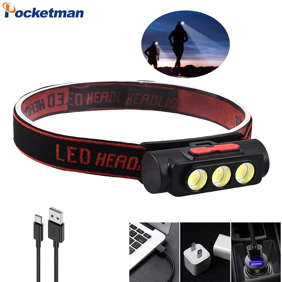 Výkonný 3*COB LED svetlomet 18650 Nabíjateľný svetlomet vonkajšia vodotesná hlavová lampa s vysokou lumenovou baterkou