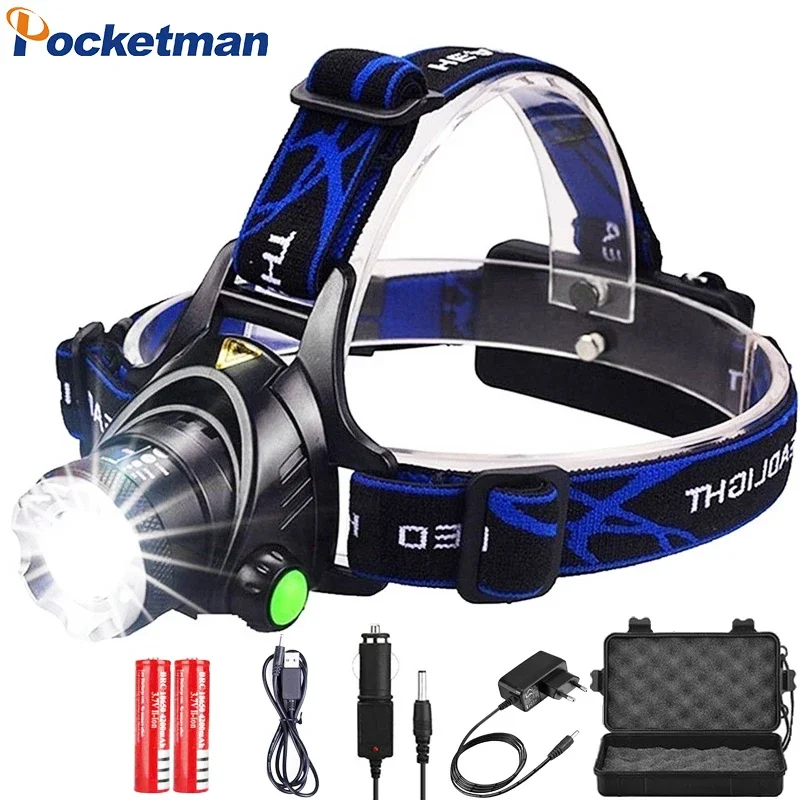 Výkonný LED svetlomet DC nabíjanie Zoomable svetlomet Outdoor s dlhým dosahom prenosná baterka hlavy pre cyklistické kemping