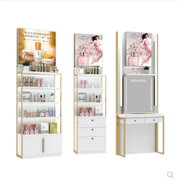 Výrobky kozmetickej starostlivosti o pleť Displej kozmetického salónu Salon Displej kozmetické make -up titánium zlatý displej polica drevené drevo PA