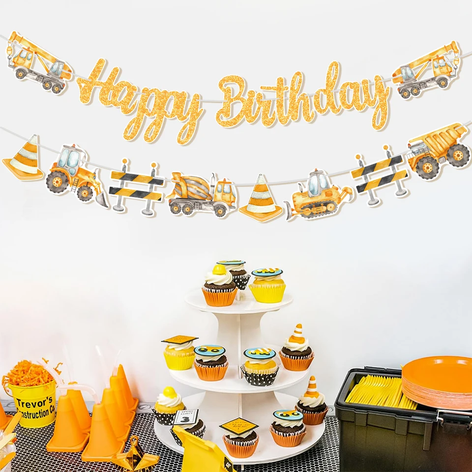 Výstavba všetko najlepšie k narodeninám banner Tractor Truck Engineering vozidlo Pattern Garland, chlapče, jeden rok 1. narodeninová oslava dekor