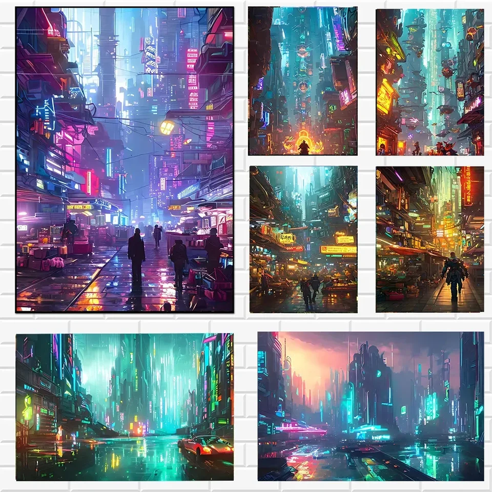 Výtlačky plagátu mestskej krajiny pre obývaciu izbu Domáca dekorácia fantastická budúcnosť World Night Canvas maľba nástenné umenie