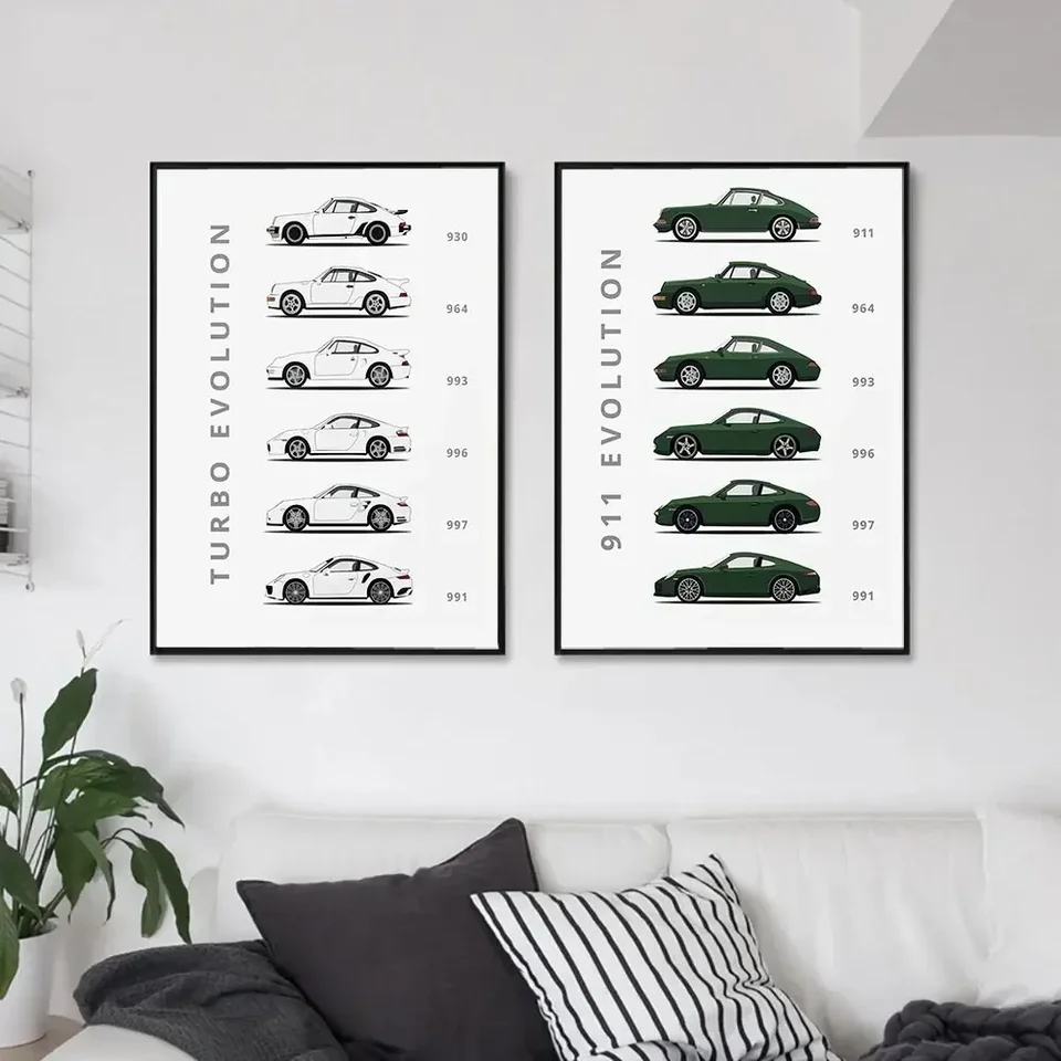 Vývoj 911 a Turbo Canvas Painting Wall CAR Plagát výtlačky pre domáci moderný štýl rám