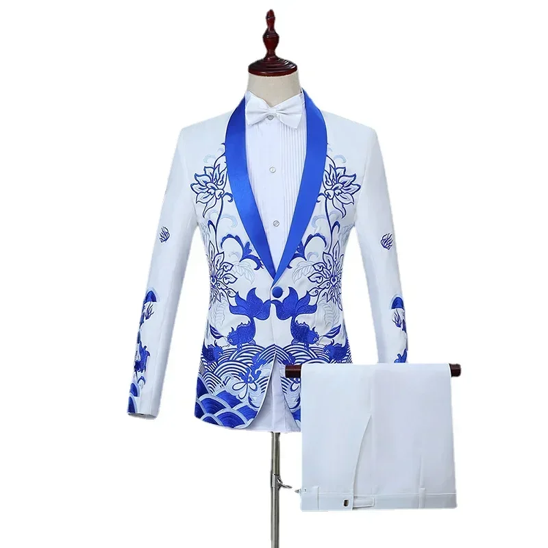 Výšivka 2 kusy čierna / červená / modrá klasická svadobná tanečná večierka šaty Blazer Fashion Men Business bunda a nohavice