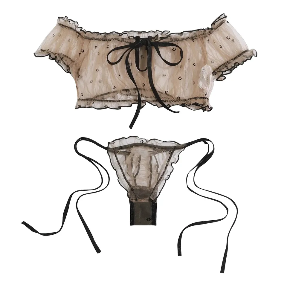Výšivka podprsenka Bowknot Set Ženy čipka Sleewear prádlo bez ramienok pyžamy sexy rybolov