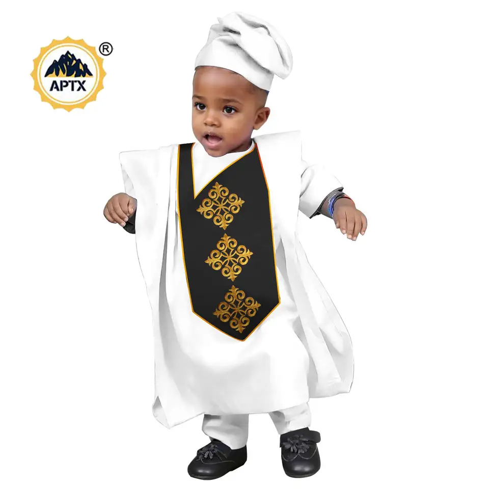 Výšivky Afrika pre chlapcov outfits top a nohavičky Match Hat Bazin Riche Kid Kid Muslim 4 kusy súpravy 2446053