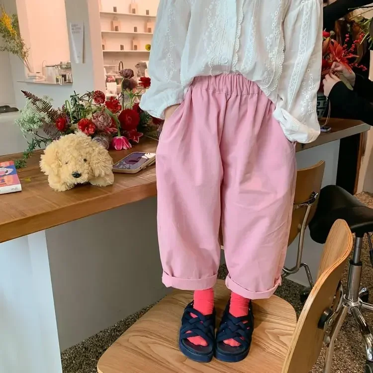 Všestranné kauzálne jesenné dievčatká Panty ružové rovné nohavice široké nohavice nohavice legíny legíny detské oblečenie